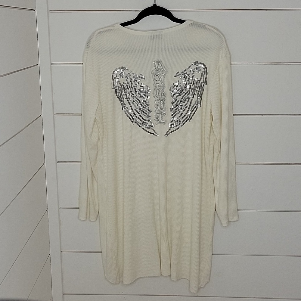 BELLE FRANCE xl off white high low cardigan with angel embroidery and sequins